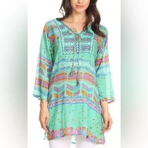 NWT Sakkas Carina Tie Front 3/4Sleeve Tunic with Cross Stitch Embroidey